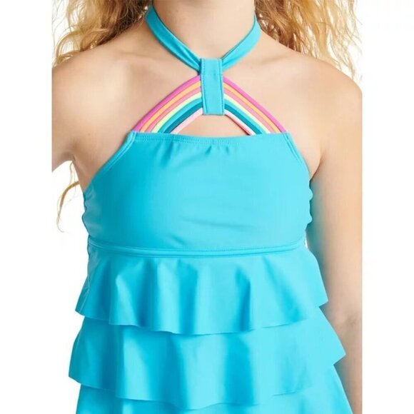 Justice Girls 2 Piece Ruffled Halter Rainbow Strap Tankini Swimsuit Size S 7/8 - Picture 3 of 11